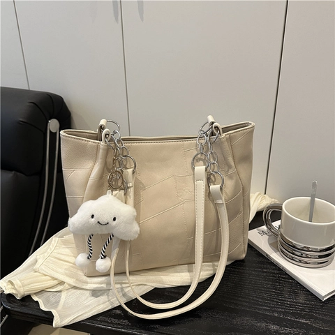 Women Shoulder Bag PU Leather Patchwork Geometric Minimalist Tote Handbag With Metal Chain Strap For Daily Commute