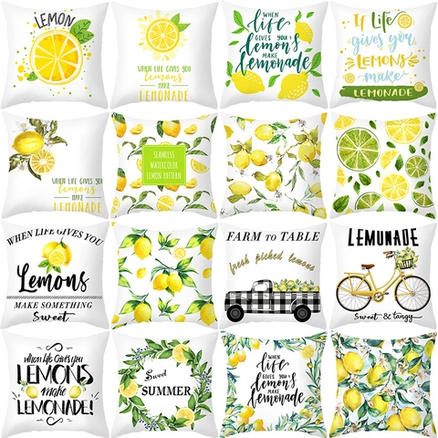 Lemon Print Square Cushion Cover Peach Skin Polyester Decorative Pillowcase For Sofa Couch Living Room Summer Style