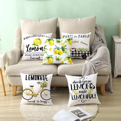 Lemon Print Square Cushion Cover Peach Skin Polyester Decorative Pillowcase For Sofa Couch Living Room Summer Style