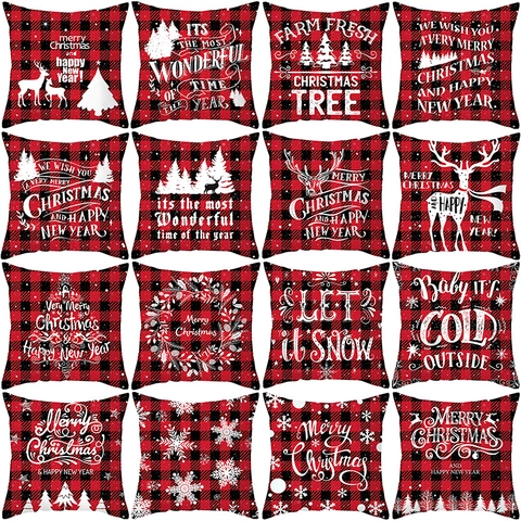 Housse De Coussin De Noël Motif À Carreaux Tissu Peau De Pêche Imprimé Cerf Arbre Flocon De Neige Décoration
