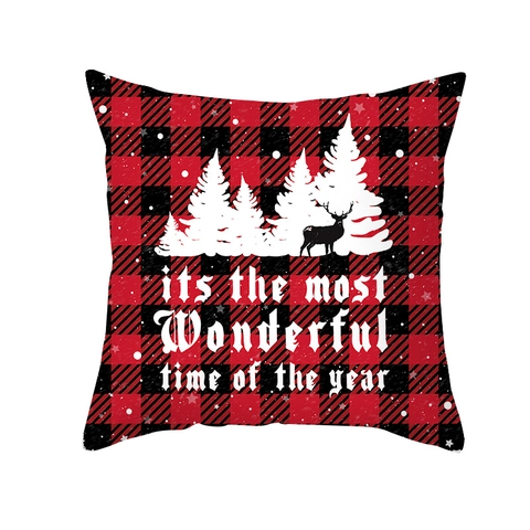 Housse De Coussin De Noël Motif À Carreaux Tissu Peau De Pêche Imprimé Cerf Arbre Flocon De Neige Décoration