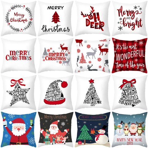 Cartoon Weihnachten Pfirsichhaut Deko Kissenhülle Weihnachtsmann Rentier Schneemann Muster Festlich Heim Sofa Kissenbezug
