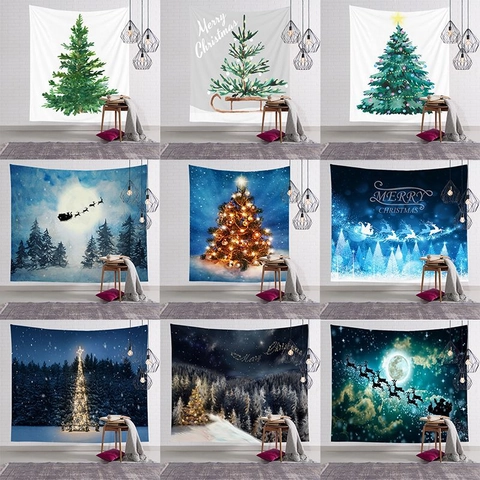 Nordic Christmas Tapestry Polyester Wall Hanging Festive Reindeer Santa Claus Snowflake Pattern Holiday Home Background Decor