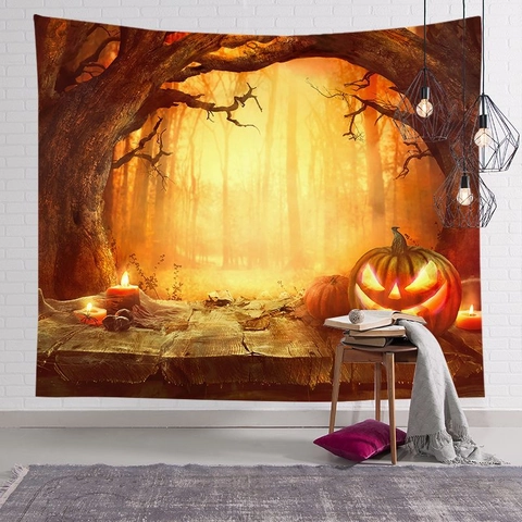 Halloween Tapestry Polyester Fabric Wall Hanging Decor Skull Pumpkin Castle Print Horror Night Party Background