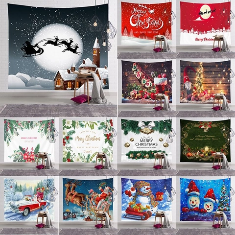 Christmas Tapestry Wall Hanging Cartoon Santa Claus Reindeer Snowman Pattern Polyester Backdrop For Bedroom Living Room Dorm Decor