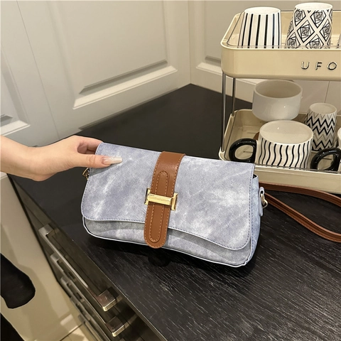Women Retro Denim PU Leather Baguette Shoulder Bag With Contrast Color Metal Buckle For Daily Commuting