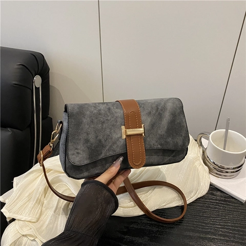 Women Retro Denim PU Leather Baguette Shoulder Bag With Contrast Color Metal Buckle For Daily Commuting