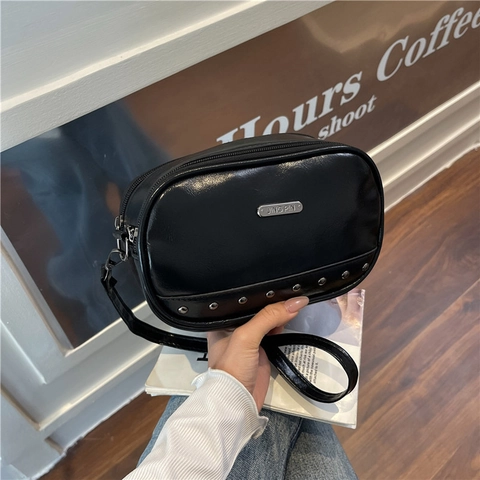 Women PU Leather Crossbody Bag Lightweight Small Shoulder Purse With Rivet Decor Adjustable Strap Trendy Double Zipper