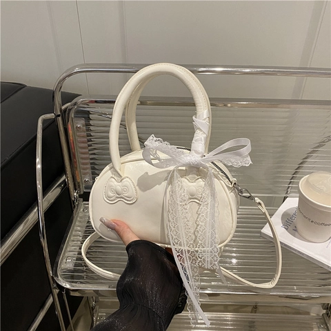 Borsa A Mano Conchiglia Dolce Donna Pelle PU Fiocco Goffrato Borsa A Tracolla Con Nastro In Pizzo Elegante Versatile Chic