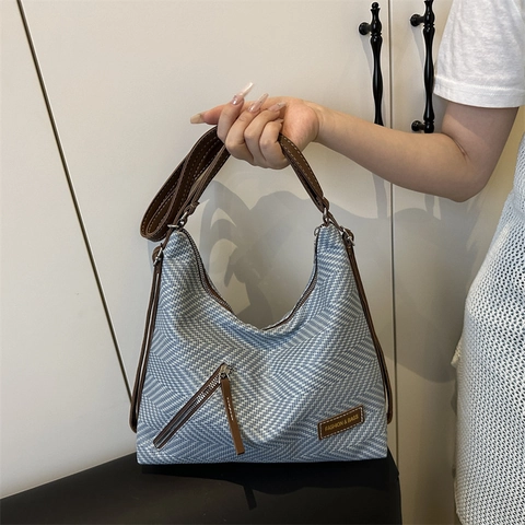 Mode Fischgrätenmuster Gewebte Leinwand Tote Bag Für Damen Große Kapazität Umhängetasche Mit Kunstlederriemen Vintage Pendlertasche