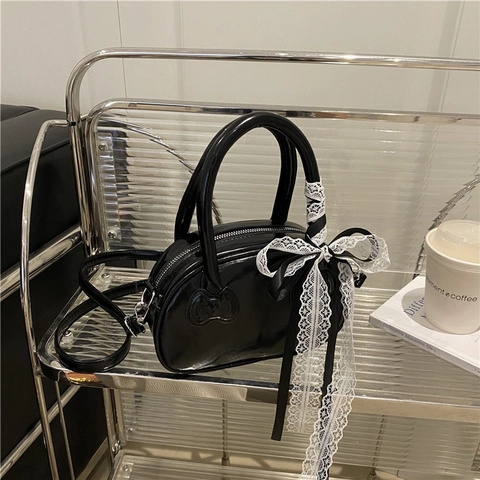 Borsa A Mano Conchiglia Dolce Donna Pelle PU Fiocco Goffrato Borsa A Tracolla Con Nastro In Pizzo Elegante Versatile Chic