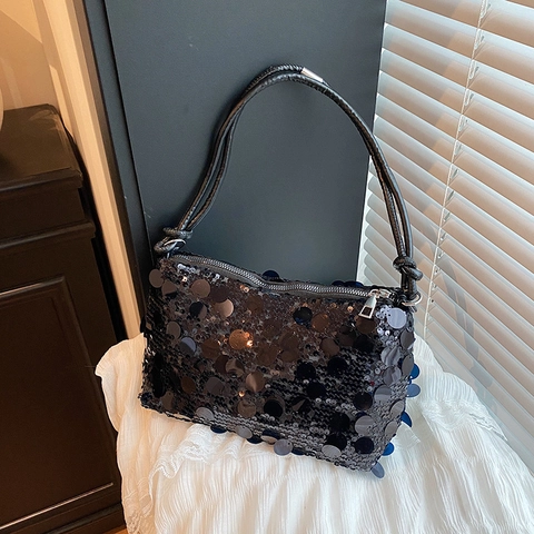 Sequin Shoulder Bag Chic Large Circular Paillettes Underarm Handbag Trendy Disco Party Evening Purse For Women
