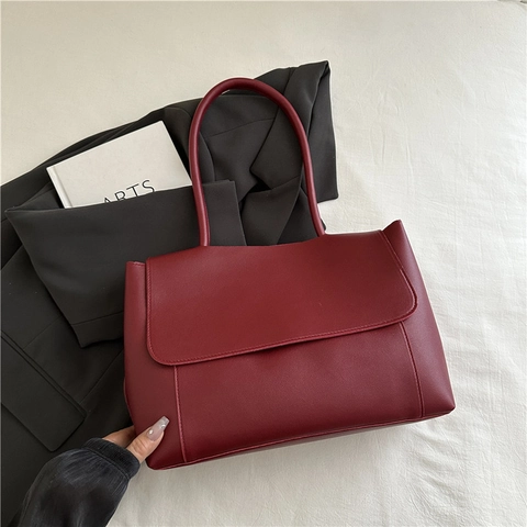 Large Capacity PU Leather Tote Bag For Women Vintage Urban Minimalist Flap Shoulder Bag Square Commute Handbag Stitching Design
