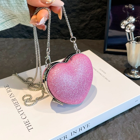 Heart Shaped Mini Crossbody Bag Sequin Glitter PU Leather Metal Chain Evening Party Sparkly Chic Purse For Women