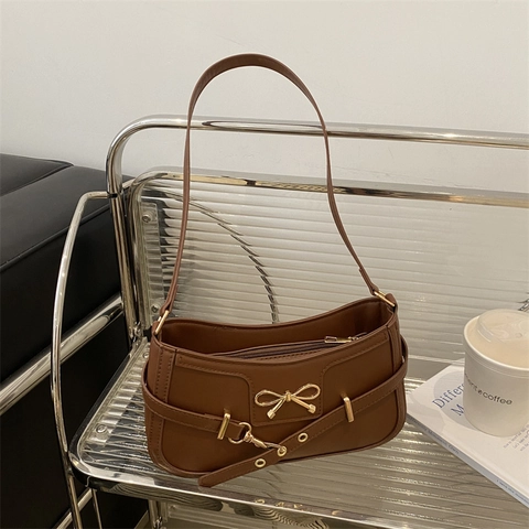 Underarm Shoulder Bag PU Leather Golden Bow Metal Buckle Decorative Belt French Retro Chic Handbag For Women