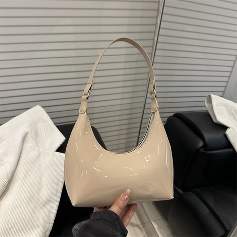 Women Underarm Bag Patent Leather PU Half Moon Hobo Minimalist Fashion Shoulder Handbag Solid Color