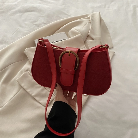 Bolso de Axila Vintage Esmerilado Cuero de PU Gamuza Sintética Color Sólido Hebilla Metálica Bolso de Hombro Moda Mujer