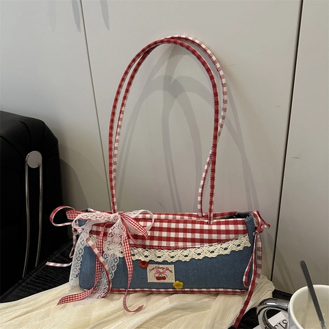 Borsa a Tracolla Patchwork Denim Gingham Dolce per Donna Bordo in Pizzo Ricamo Ciliegia Fiocco Borsa Sottobraccio Y2K
