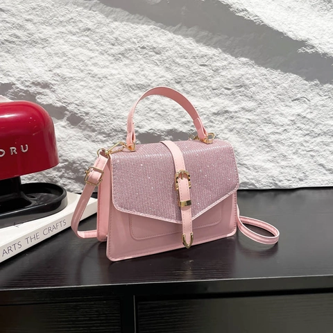 Women Fashion Glitter PU Leather Shoulder Bag Rhinestone Crossbody Handbag Evening Party Commuting Square Bag Gold Hardware