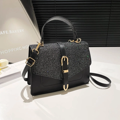 Women Fashion Glitter PU Leather Shoulder Bag Rhinestone Crossbody Handbag Evening Party Commuting Square Bag Gold Hardware