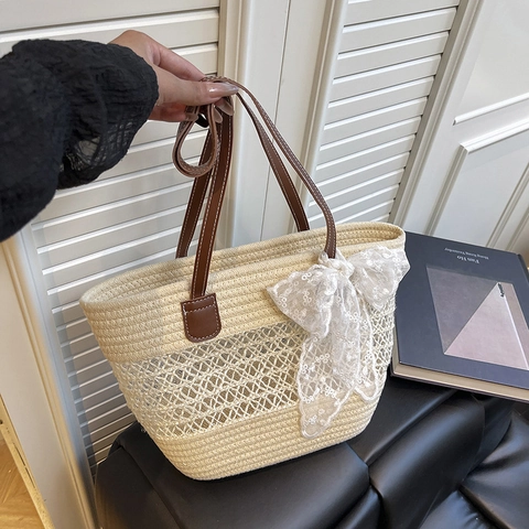 Stroh Tragetasche Handgewebt Durchbrochenes Mesh Große Kapazität Sommer Strand Schultertasche Mit Spitze Schleife Damen