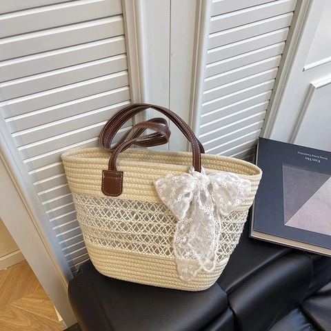 Stroh Tragetasche Handgewebt Durchbrochenes Mesh Große Kapazität Sommer Strand Schultertasche Mit Spitze Schleife Damen