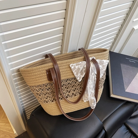 Damen Casual Gewebte Tote Bag Hohl Stroh Stil Schultertasche Mit Spitzenschleife Kunstleder Griff Urlaub Strandtasche