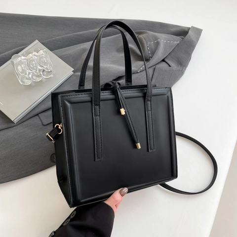 PU Leather Tote Shoulder Bag Large Capacity Commuter Korean Style Square Handbag With Decorative String For Women