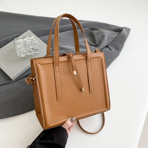PU Leather Tote Shoulder Bag Large Capacity Commuter Korean Style Square Handbag With Decorative String For Women