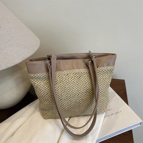 Damen Stroh Gewebte Tote Tasche Große Kapazität Lässige Strand Schultertasche Mit Kunstleder Patchwork Sommer Handtasche