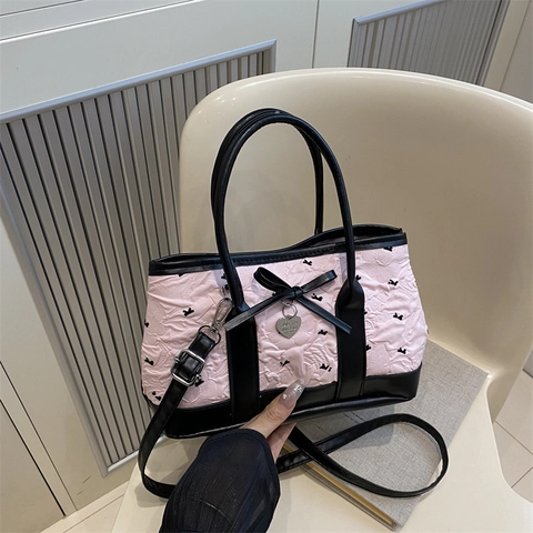 Dames Mode Strik Tote Bag Reliëf Stof Contrast PU Leer Schouder Crossbodytas Met Metalen Hart Hanger Konijnenprint
