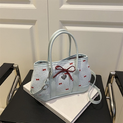 Dames Mode Strik Tote Bag Reliëf Stof Contrast PU Leer Schouder Crossbodytas Met Metalen Hart Hanger Konijnenprint