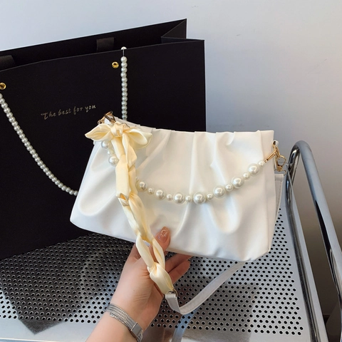 Ruched Cloud Underarm Bag PU Leather With Artificial Pearl Chain And Satin Scarf Elegant Shoulder Handbag For Women