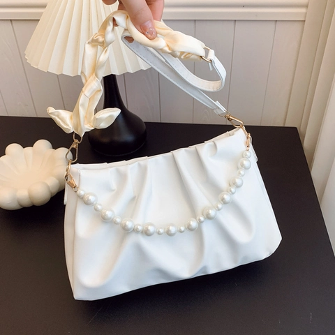 Ruched Cloud Underarm Bag PU Leather With Artificial Pearl Chain And Satin Scarf Elegant Shoulder Handbag For Women