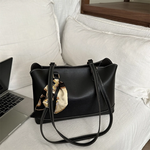 Women PU Leather Tote Bag With Satin Scarf Contrast Stitching Large Capacity Shoulder Bag For Daily Commute Urban Simple Style
