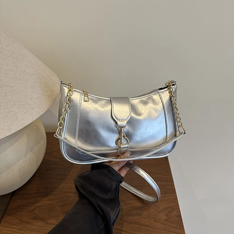Vintage PU Leder Unterarmtasche Für Damen Minimalistische Hobo Schultertasche Mit Metallkettenriemen Stilvolle Quadratische Umhängetasche Retro Handtasche