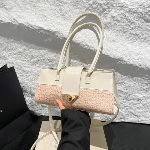 Fashion Crocodile Pattern Patchwork Shoulder Bag PU Leather Elegant Handbag With Gold Triangle Metal Lock For Women