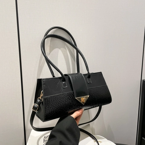Fashion Crocodile Pattern Patchwork Shoulder Bag PU Leather Elegant Handbag With Gold Triangle Metal Lock For Women