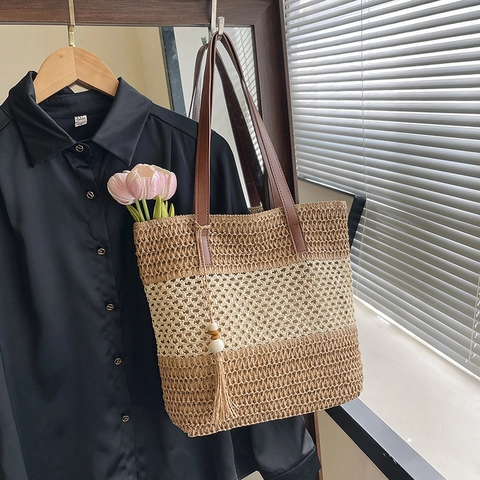 Bolso Tote De Paja Tejida Bloque De Color Rayas Playa Vacaciones Bolso De Hombro Con Asa De Cuero PU Y Colgante Borla Mujeres