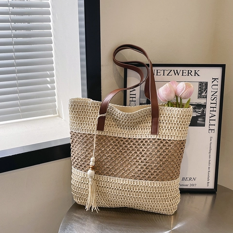 Bolso Tote De Paja Tejida Bloque De Color Rayas Playa Vacaciones Bolso De Hombro Con Asa De Cuero PU Y Colgante Borla Mujeres