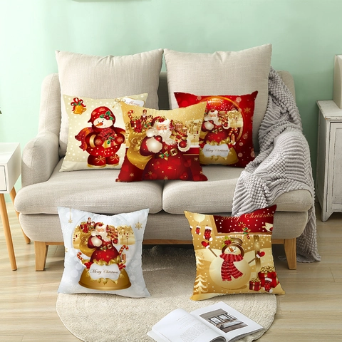 Kerst Kussenhoes Perzikhuid Stof Noors Kerstman Sneeuwpop Rendier Geprinte Decoratieve Kussensloop Home Sofa Decor