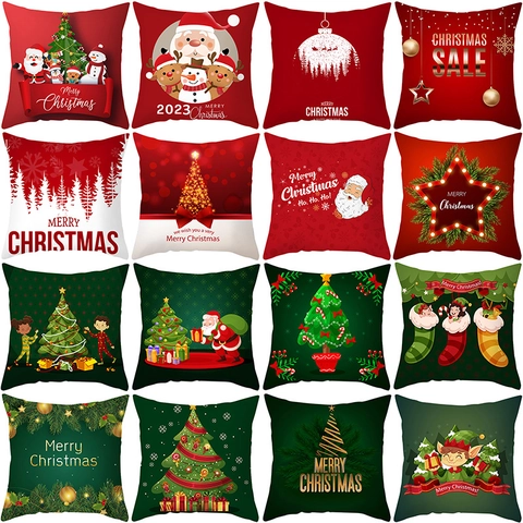 Taie d'Oreiller de Noël en Polyester Peau de Pêche Housse de Coussin Décorative Père Noël Bonhomme de Neige Renne Imprimé Maison Canapé