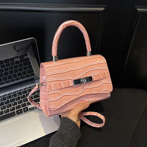 Sac à Main Femme en Cuir PU Motif Crocodile Petit Sac Bandoulière Carré Avec Poignée en Métal et Bandoulière Réglable