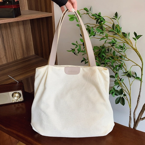Bolso Tote De Pana De Gran Capacidad Minimalista Vintage Casual Bolso De Hombro Con Correas De Cuero Y Parche