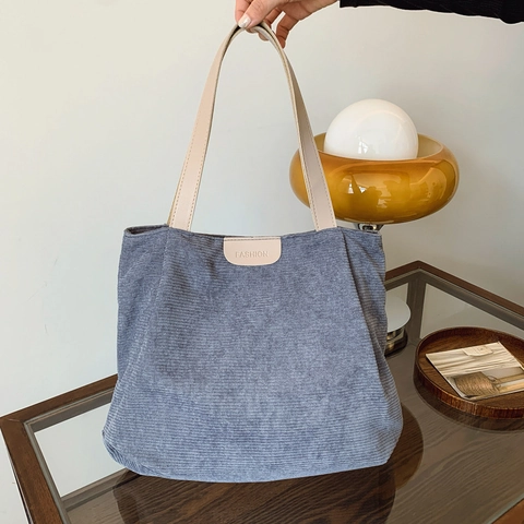 Bolso Tote De Pana De Gran Capacidad Minimalista Vintage Casual Bolso De Hombro Con Correas De Cuero Y Parche