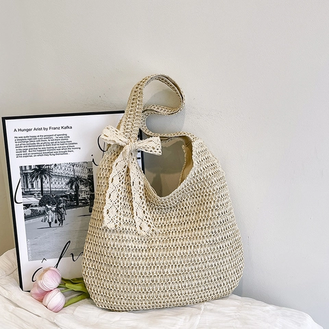 Strohgewebte Umhängetasche Große Kapazität Spitze Schleife Handgemacht Häkeln Hohl Sommer Strand Urlaub Tote Für Frauen