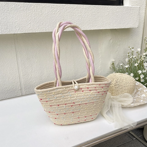 Sac à Épaule Tissé en Paille pour Femmes Doux Nœud en Dentelle Motif à Pois Ornement Perle Tote Décontracté Vacances Plage