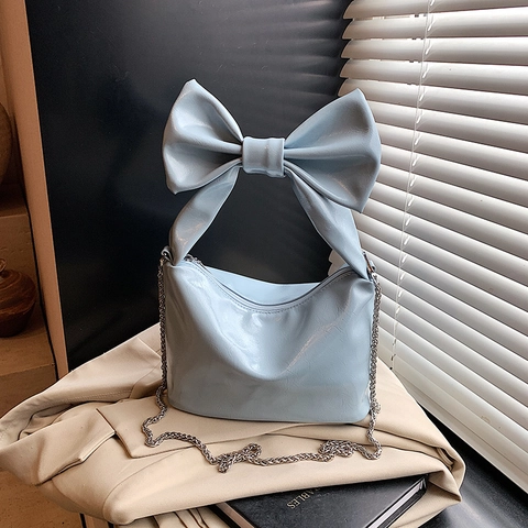 Women Crossbody Bag Glossy PU Leather Large Bow Design Handheld Shoulder Bag Sweet Cool Style Metal Chain Strap