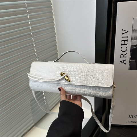 Women Crocodile Embossed Shoulder Bag PU Leather Gold Knot Buckle Crossbody Retro Handbag