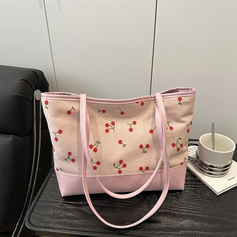 Cherry Print Corduroy Shoulder Tote Bag With PU Leather Patchwork Large Capacity Casual Handbag For Women Students